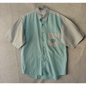 Vtg Bugle Boy Button‎ Up Shirt Mens Sz L Green Tan Colorblock Pocket Crest Logo